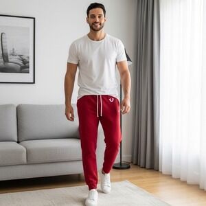 True Religion Mens Red Horseshoe Logo Jogger Sweatpants XL Drawstring Fleece‎